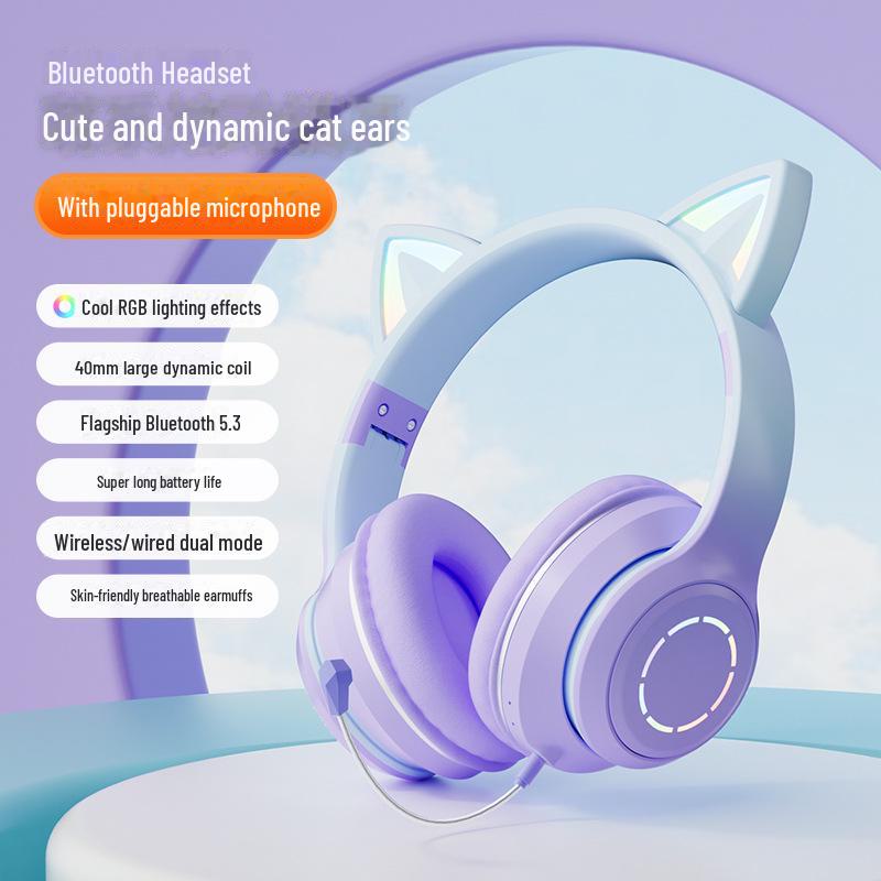 Bluetooth-Gaming-Headset mit Katzenohren in Farbverlauf und Leuchteffekt