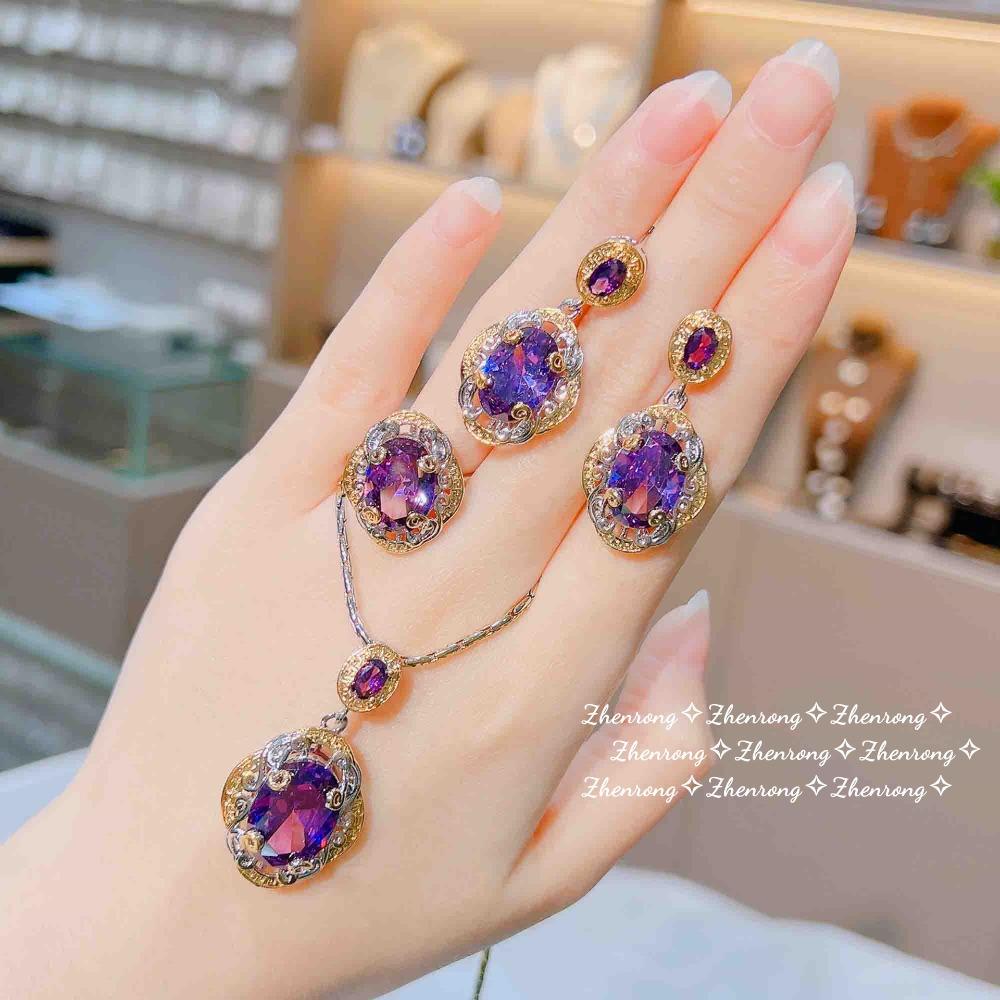 Women Jewelry Set Italian Retro Gold Craft Amethyst Pendant Open Ring Gemstone Earrings