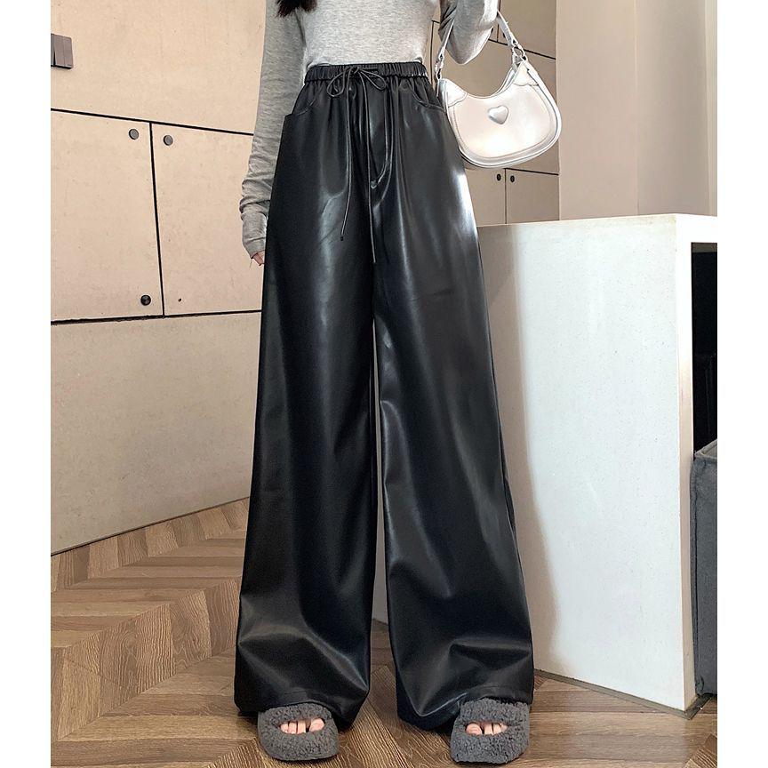 Damen Leder Kordelzug Weite Hosen - Herbst/Winter