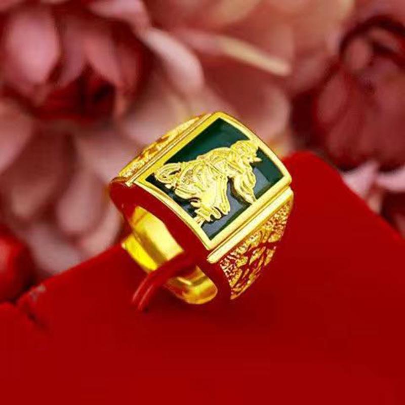 

Gold-Plated Brass Chalcedony Men s Adjustable Open Ring with Vietnamese Sand Gold Inlay.