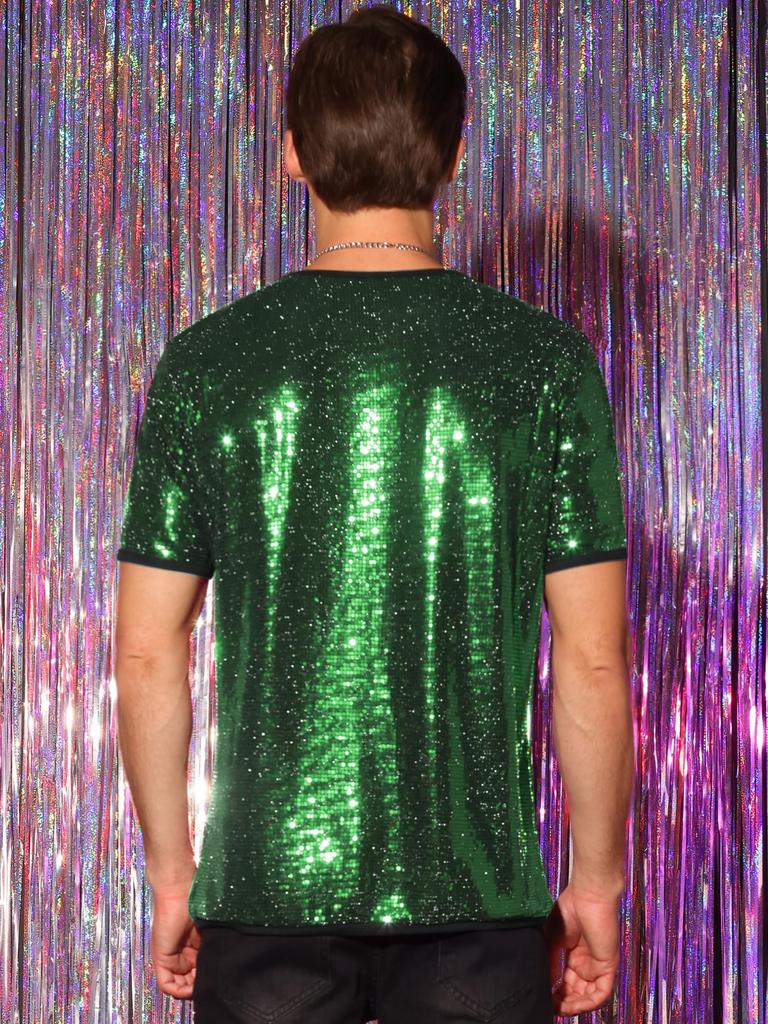 Pailletten Kurzarm Rundhals Nacht Schnitt und Glänzend S [Lars Amadeus] Herrenhemd, Ärmel, Hals, Club, Party, Nähen, T-Shirt, Grün,