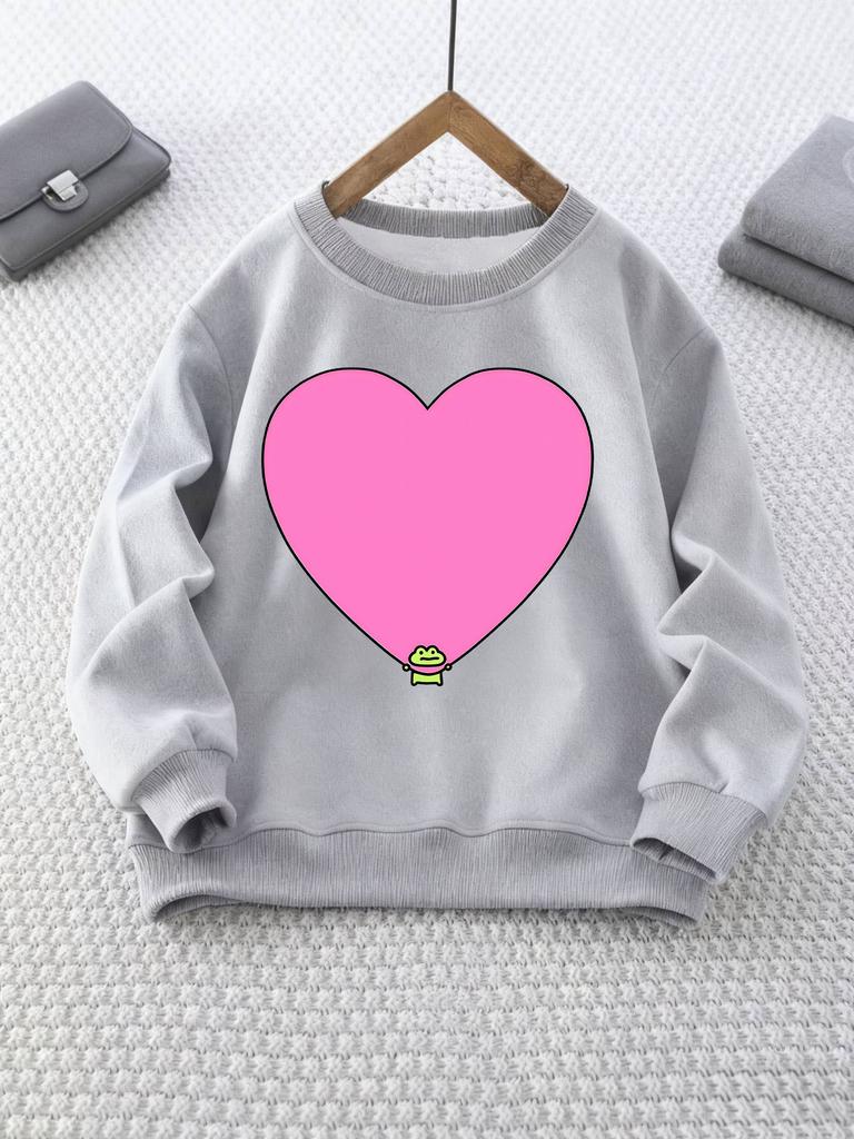 Girls' Round Neck Sweatshirt with Heart Cartoon Frog Print, Christmas Outfit, Suitable for Casual Wear