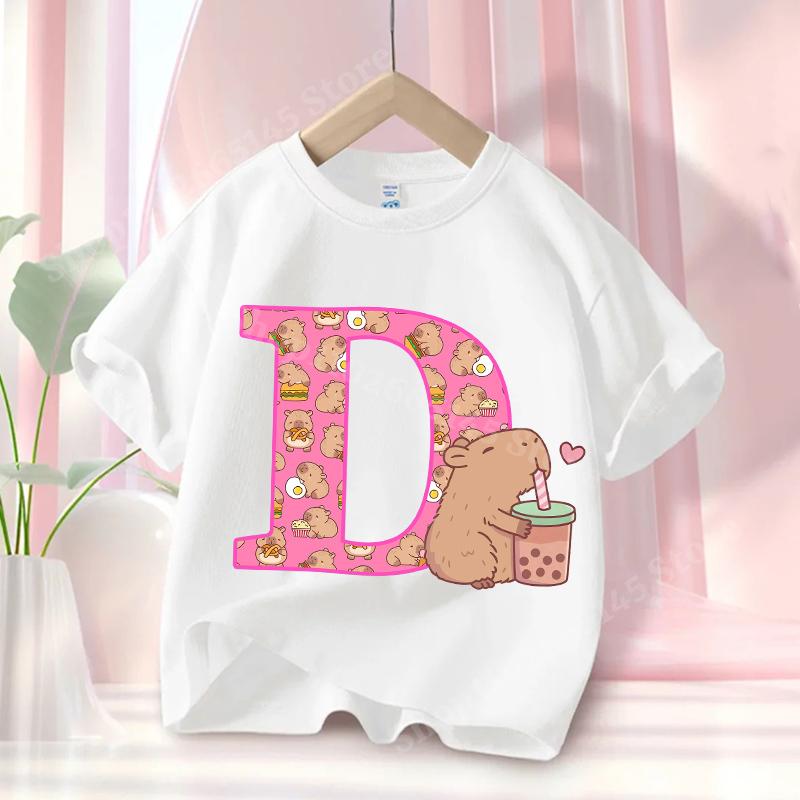 Capybara Cute T-Shirt Children's Anime Capybara Letter Short-Sleeve T-Shirt Girls' Summer Top