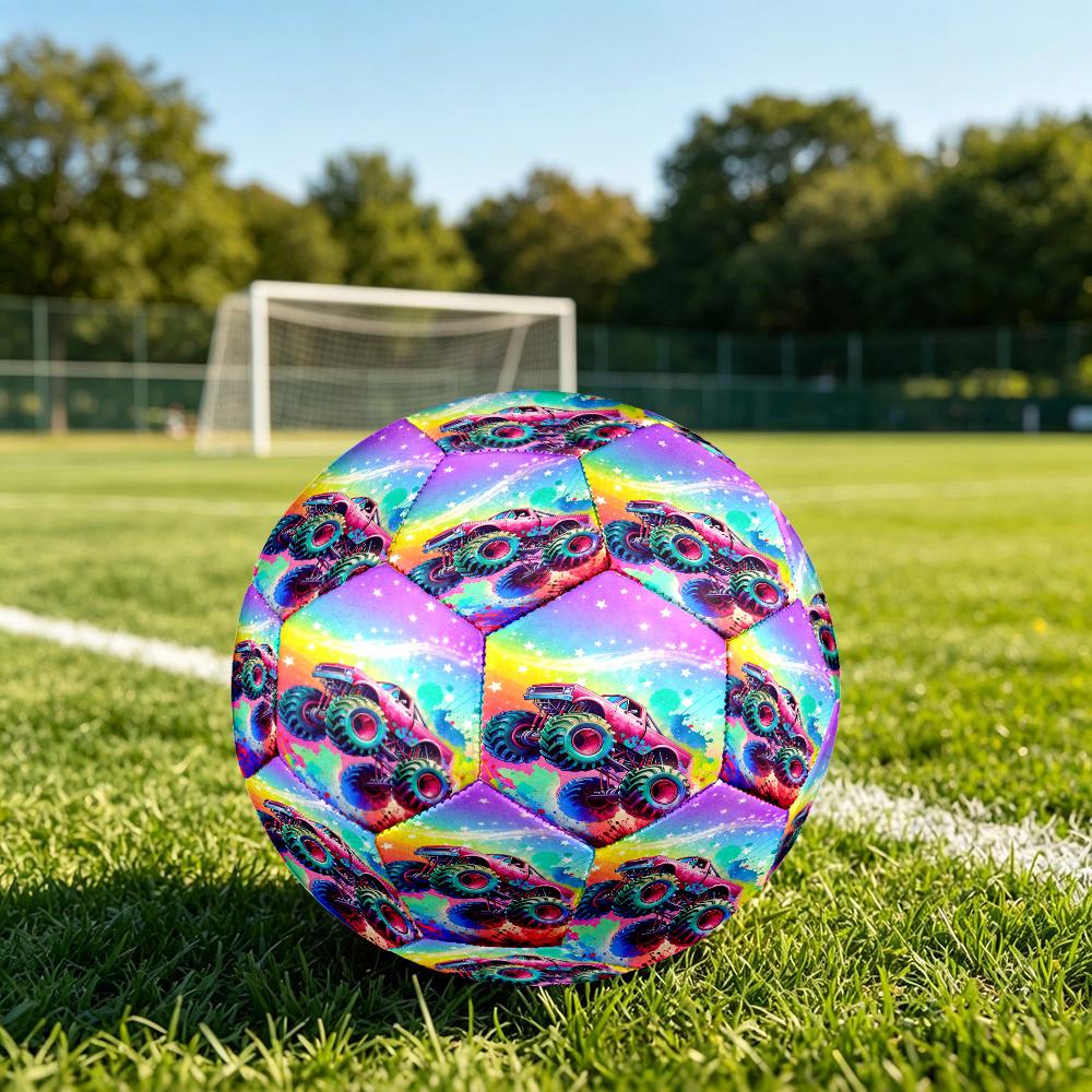 1pc Rainbow Monster Truck Theme Soccer Ball Football, Size 5, Lightweight PVC, Outdoor Training Soccer Ball,Gift c65138