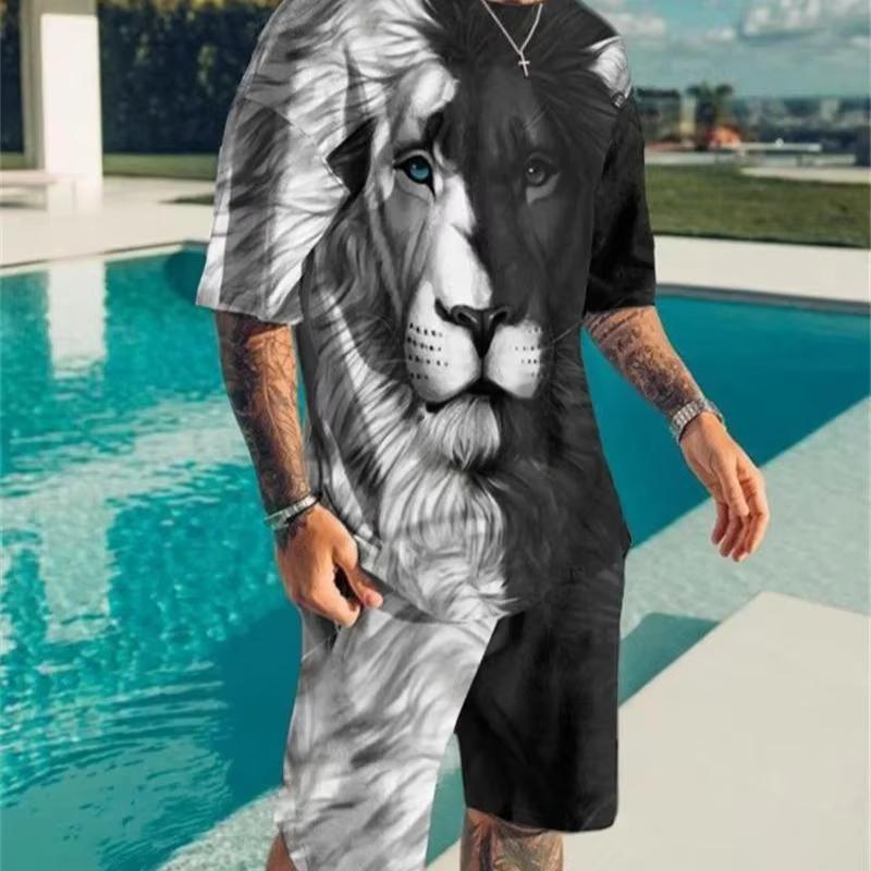 3D Lion Print Men's Cool T-shirt Shorts Set For Sports Fitness Summer Man Set Street Style Oversized Graphic 2Pcs Unisex Clothes