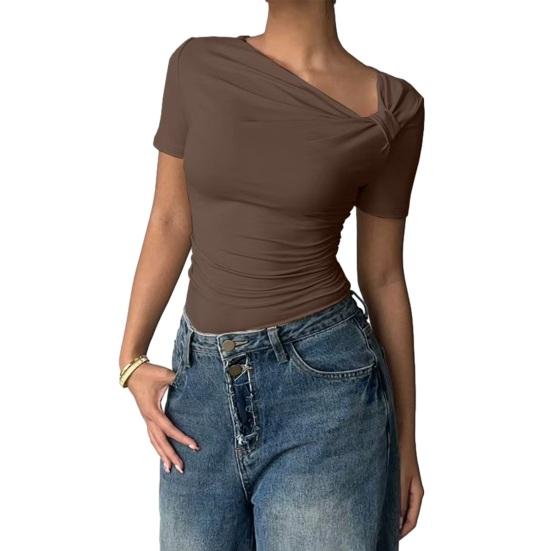 Chemise Femme Manches Courtes Col Biais Style Commuting Hauts Décontractés Coupe Ajustée Couleur Unie T-shirt d'Été