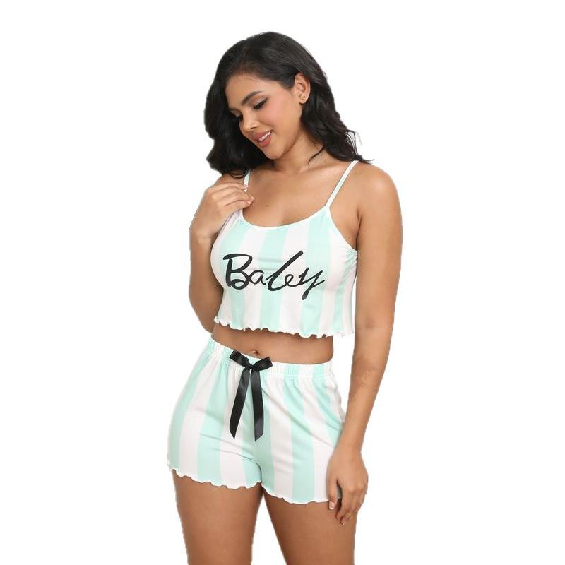 European Summer Fashion Women's Color Block Camisole and Shorts Pajama Set