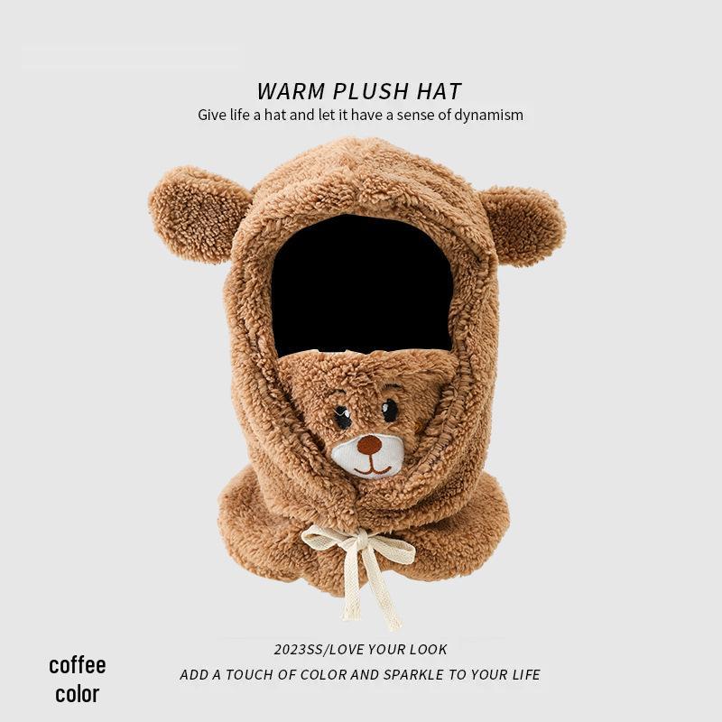 Women's 2024 Winter Little Bear Plush Hooded Scarf Set - Warm Three-Piece Neck Warmer