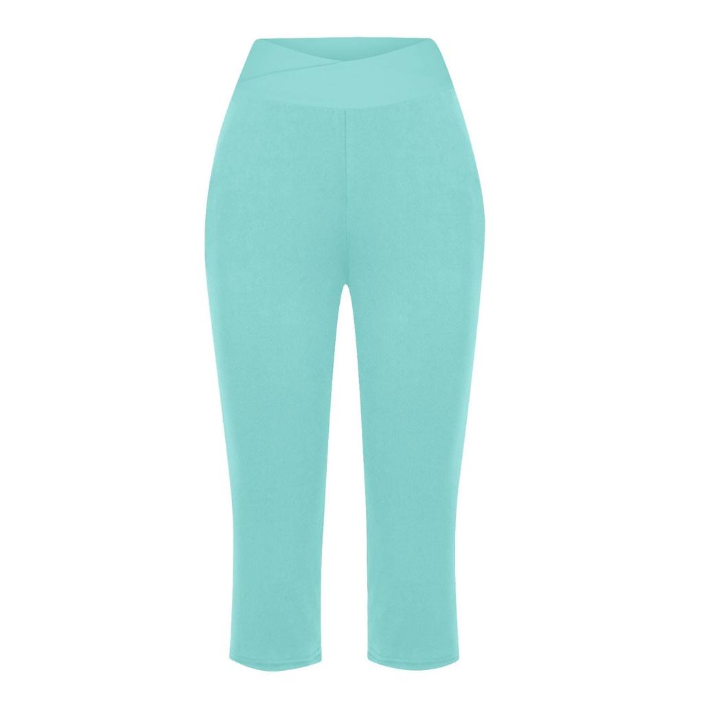 Women  Elastic High Waist 3/4 Pant Casual Active  Fit Wide Capris Leg Pants Trousers With Pockets
