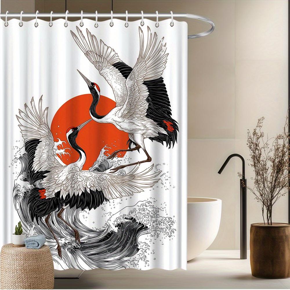 

Red-Crowned Crane Shower Curtain – Japanese Art with Rising Sun & Ocean Waves, Black & White Includes Hooks, 70.8×70.8 Inches 90x180cm35x71in