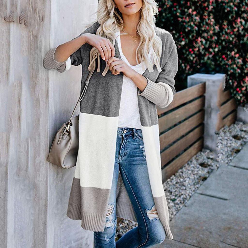 Womens Multicolor Striped  Patchwork Long Sleeve Fashion Cardigan  Sweater