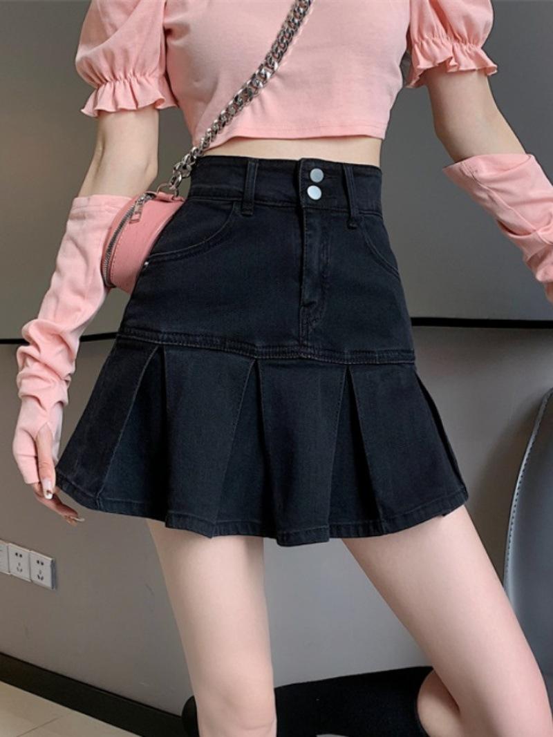 

A word design sense retro high waist denim skirt women s new Spice Girl thin ruffle edge pleated skirt XS чёрный