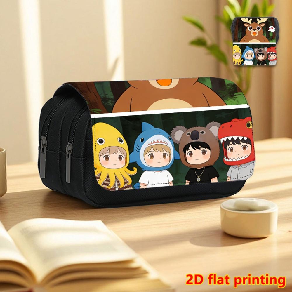 1pc Healing Style Cartoon Boy 2D Flat Printing Double-Layer Flip Black Pencil Case - Back-To-School Essential Pencil Box, Daily Multi-Functional Makeu