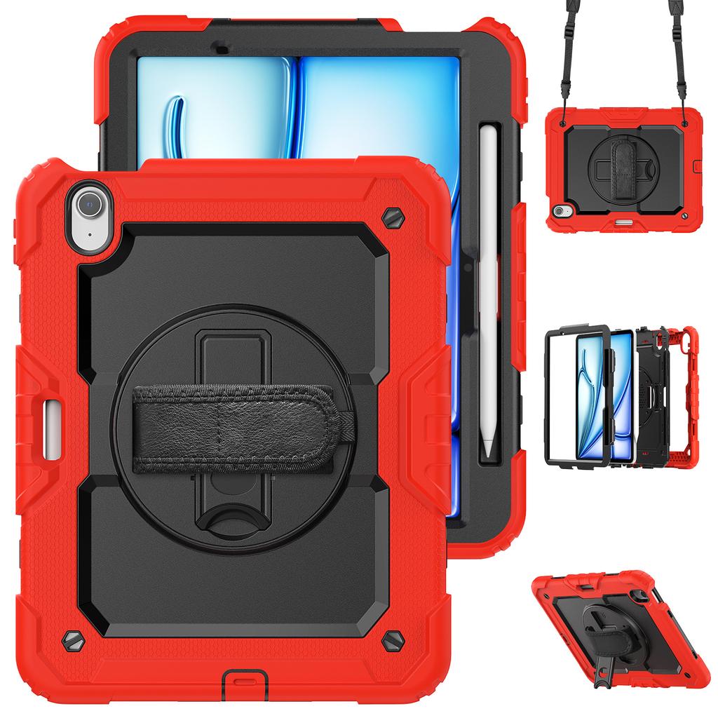 For iPad Air 11 (2025)/(2024) Case Rotating Kickstand PC+Silicone Tablet Cover with Screen Film/Shoulder Strap