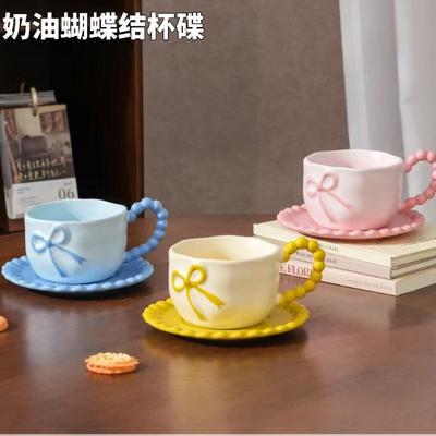 Creative Hand-Painted High-Value Bow Ceramic Coffee Cup Saucer 3.8 Muse Festival Couple Gift Cup Saucer
