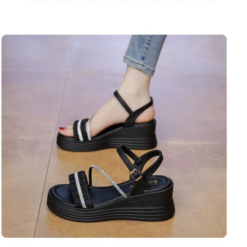 Fashion 2025 Buckle Strap Chunky Sandals Women Summer High Platform Wedges Slippers Woman Bling Decoration Thick Bottom Slides Pumps