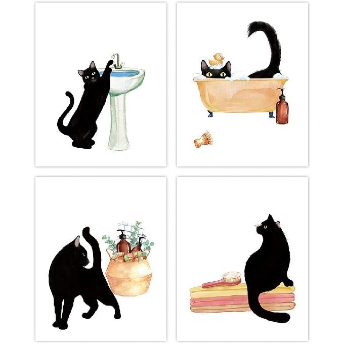 LHIUEM Black Cat Bathroom Decor, Funny Bathroom Wall Art Set of 4(8 X10 ,unframed) Modern Animals Kitty Pictures, Kitten Bathing Canvas Poster cat 8x10 inch (unframed)