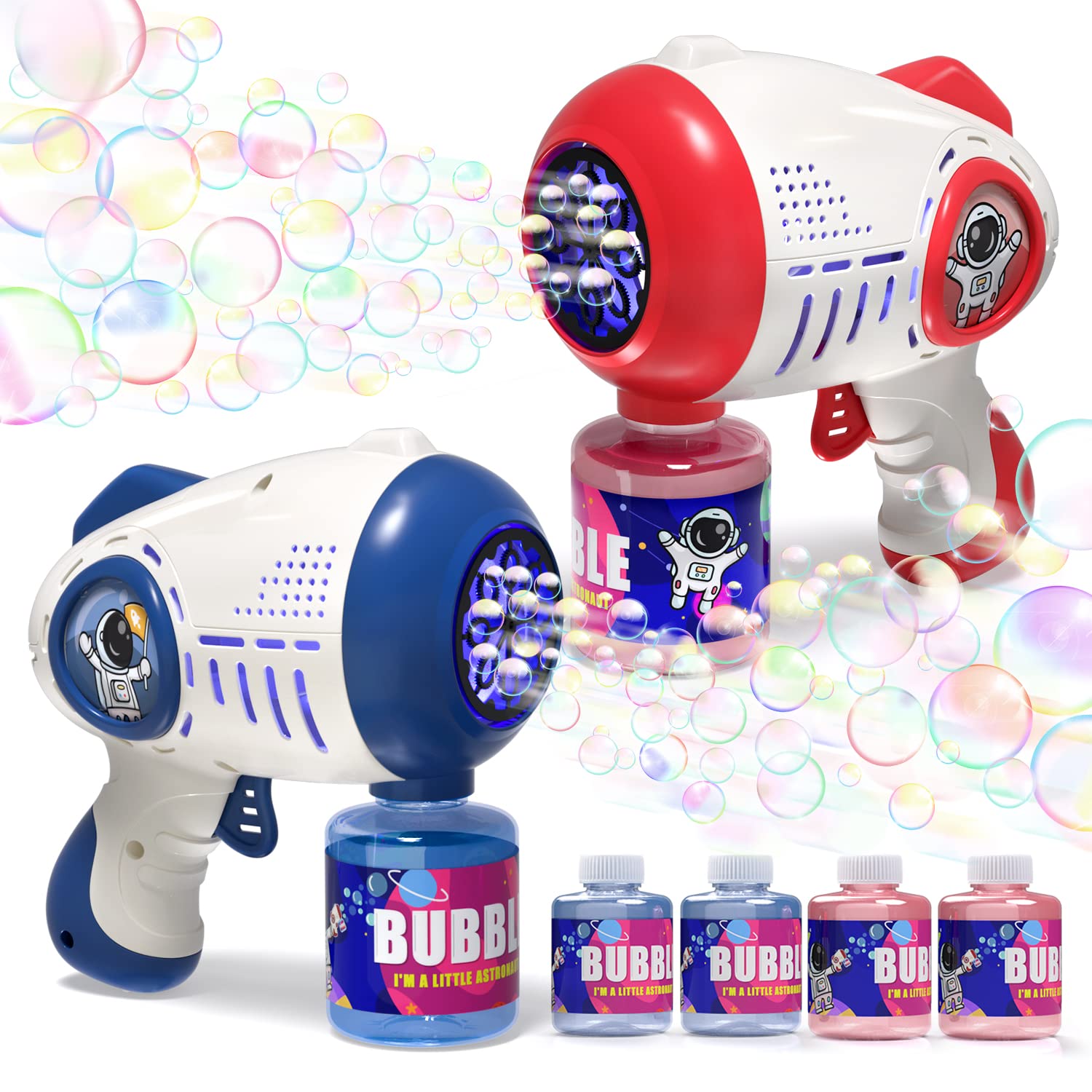 

EagleStone Bubble Soap Electric Toy Bubble Gun Set HL026 Blue Red 2-Piece with Lights LED Nozzles Long-Distance Firing Leak Prevention 4 Bottles