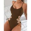 Women's Black One Piece Swimsuit with White Loop Cutout Side Tie Detail - Spaghetti Strap Beachwear