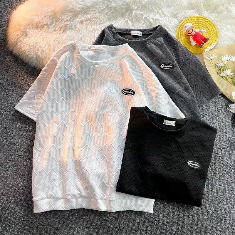 

Новая вафельная футболка с коротким рукавом, мужская летняя корейская свободная повседневная футболка для мужчин, дышащий топ с половиной рукава, мужская гонконгская модная футболка с принтом