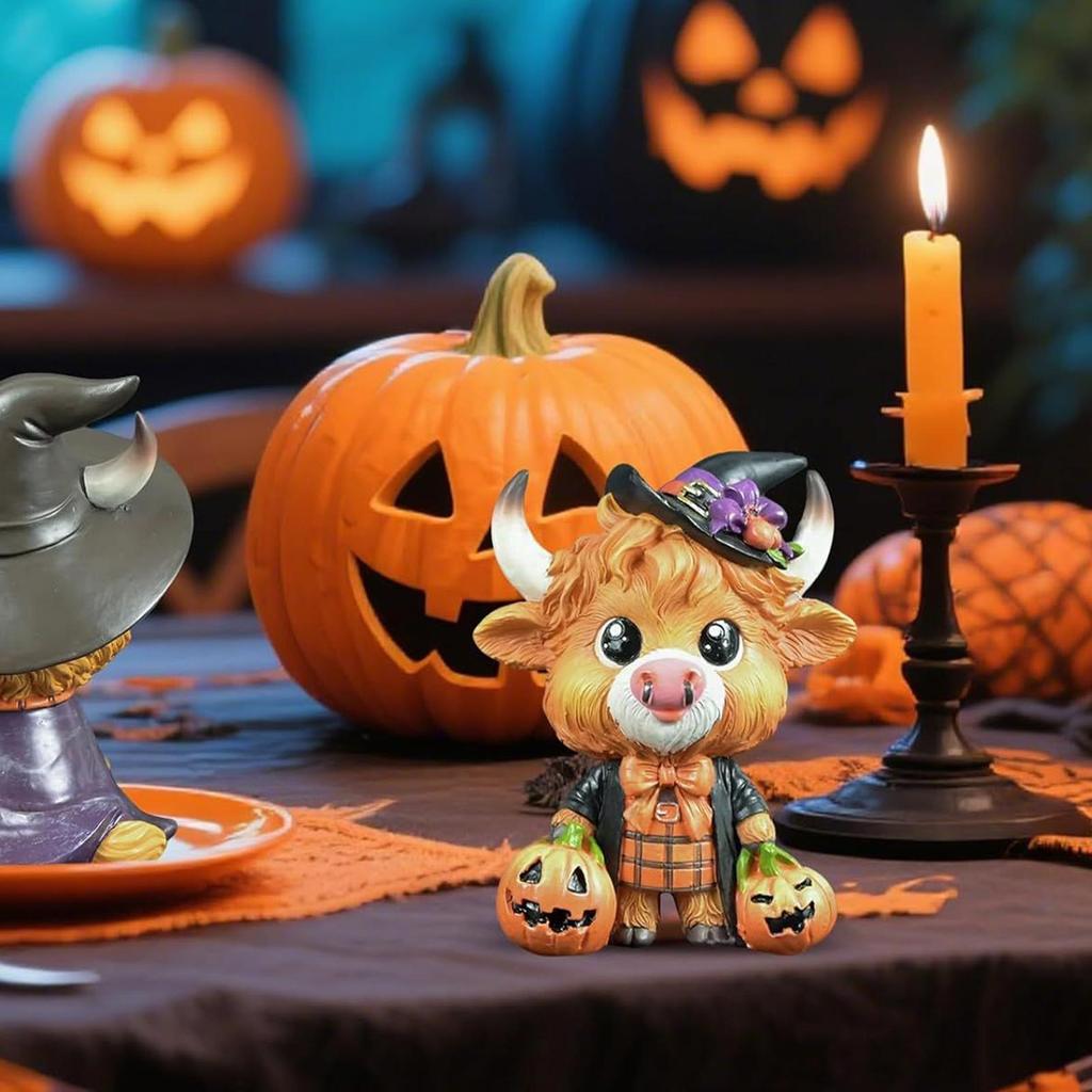 Highland Cow Statue Home Highland Cattle Gnome Sculpture Resin Animal Figurine Festive Halloween Decorations For Mantel Shelf