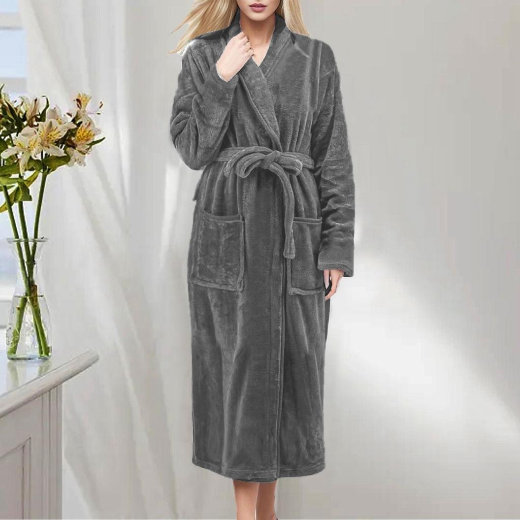 Kalın Sıcak Flanel Bornoz Kış Uzun Kollu Peluş Bornoz Hırka Kadın Polar Gecelik Salon Pijama Banyo Ev Giyim