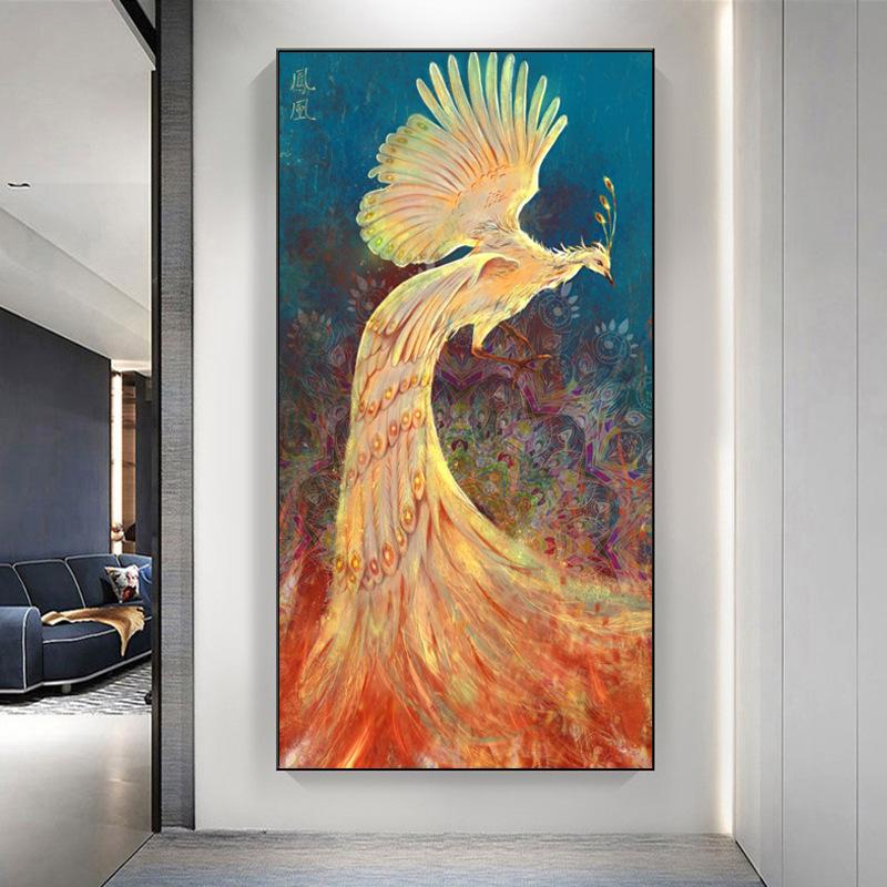 New Chinese Style Light Luxury Peacock Phoenix Canvas Painting Wall Art Abstract Golden Animal Posters for Porch Room Wall Decor