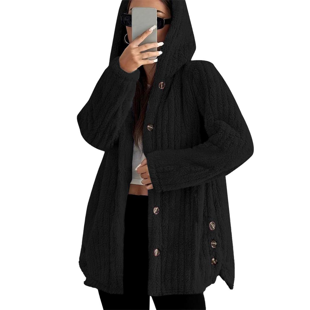 Women's Fashionable Coat Solid Color Long Sleeved Hooded Button Plush Warm Jacket