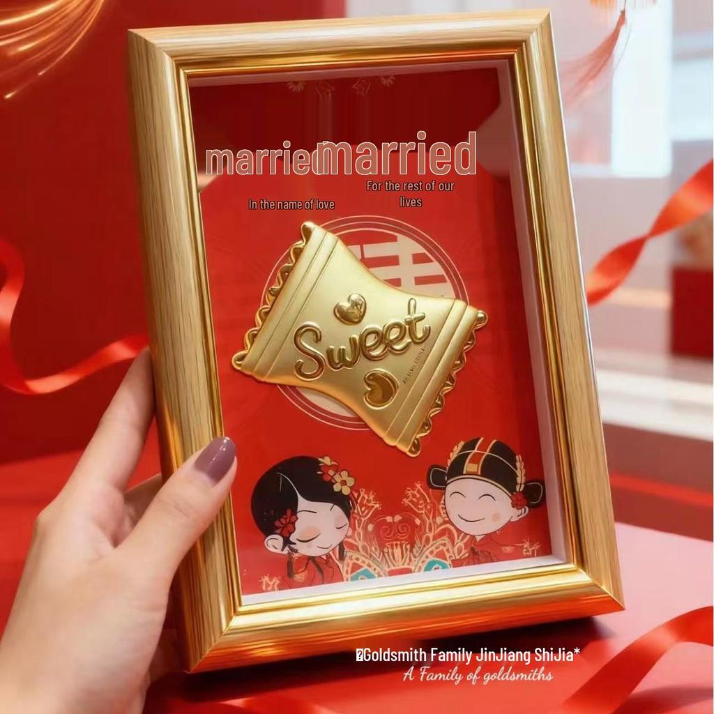 Shuibei 999 Pure Gold Money Ornament Pair - Wedding Candy & Photo Frame Gift Set for Friends