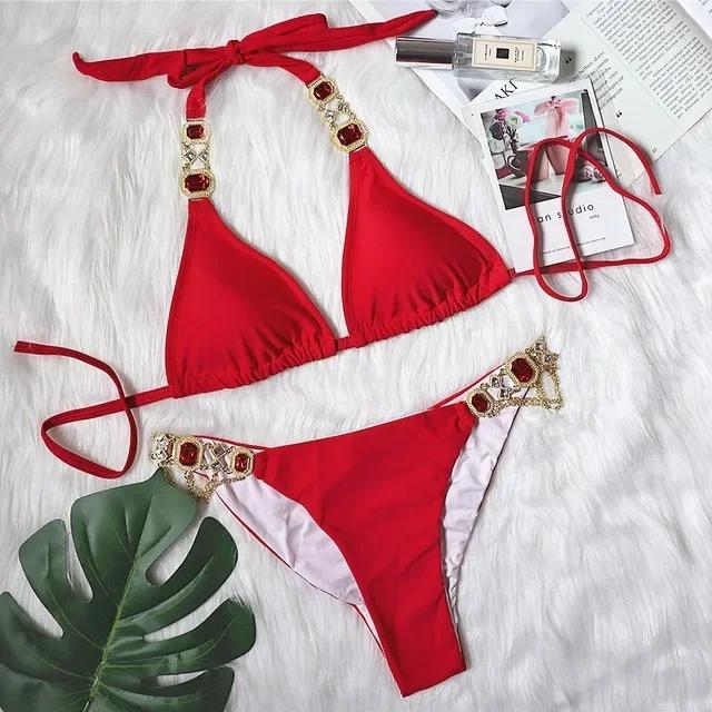 Halter Metal Chains Rhinestone Diamond Bikini Women Swimsuit Female Swimwear Two Pieces Bikini Set Brazilian Bathing Suit Swim