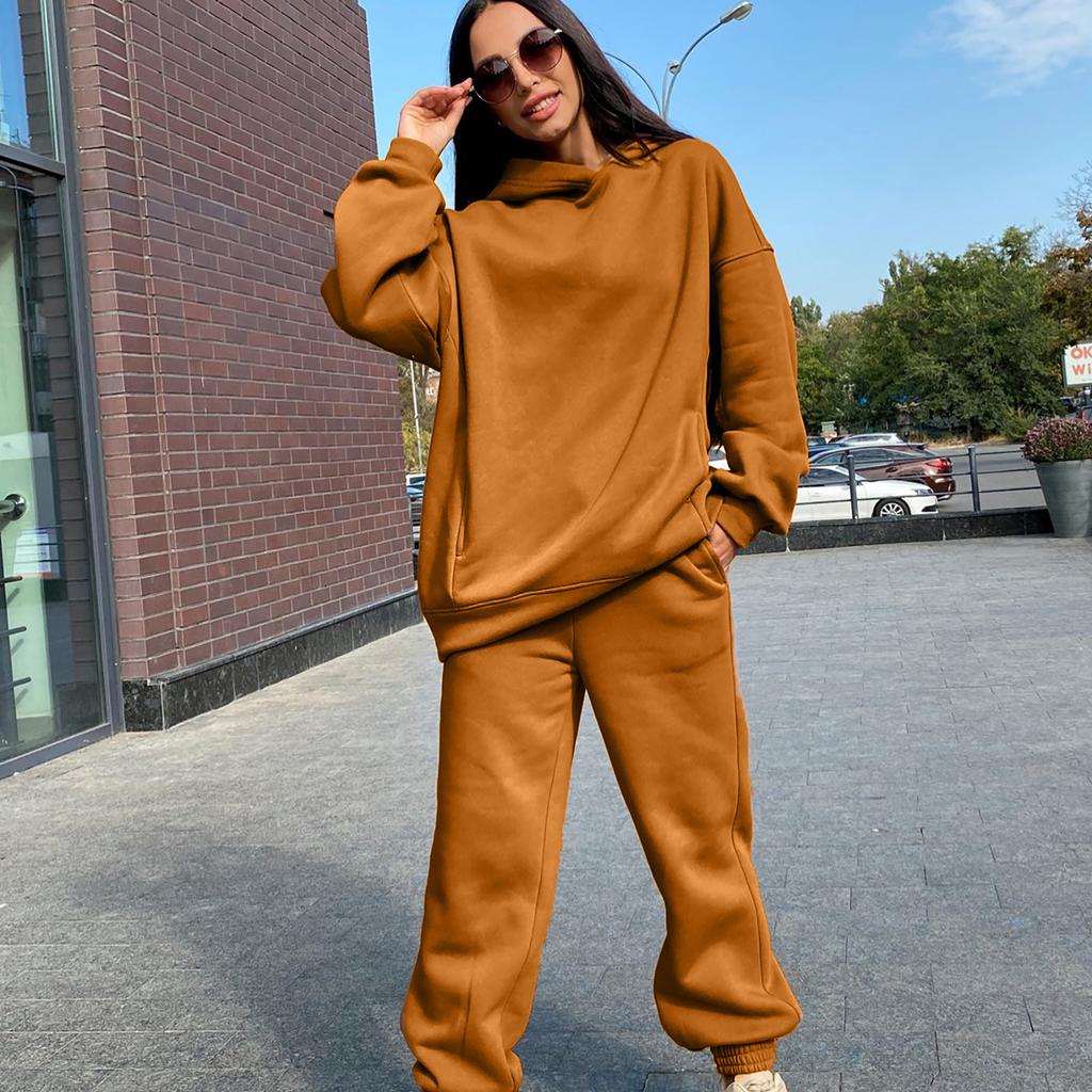 Women's Autumn/Winter Solid Colour Sweatshirt Hooded Fashion Long Sleeve Two Piece Set