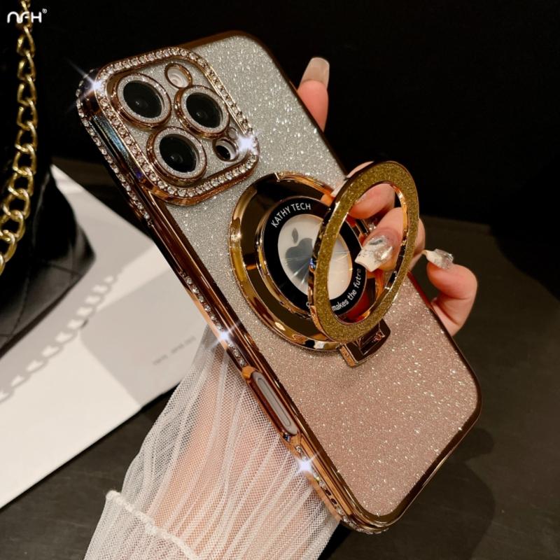 For iPhone 16 Pro Max Luxury Glitter Stand Holder Plating Flash Diamond Frame Phone Case For iPhone 11 12 13 14 15 16 Plus Cover