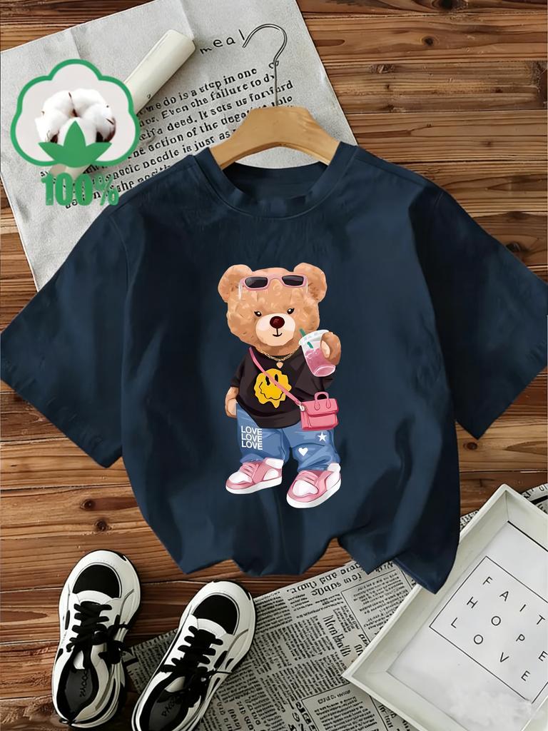 Fashion  T-Shirt Women's T-Shirt Graphic Funny Bear Print Short Sleeve Crew Neck Shirt Casual Top Tee
