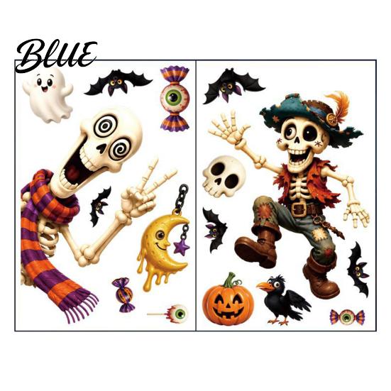 Non-adhesive Halloween Stickers 2 Sheets Window Clings Cartoon Skeleton Static Stickers Funny PVC Electrostatic Ghosts Bats Pumpkins for Glass Doors