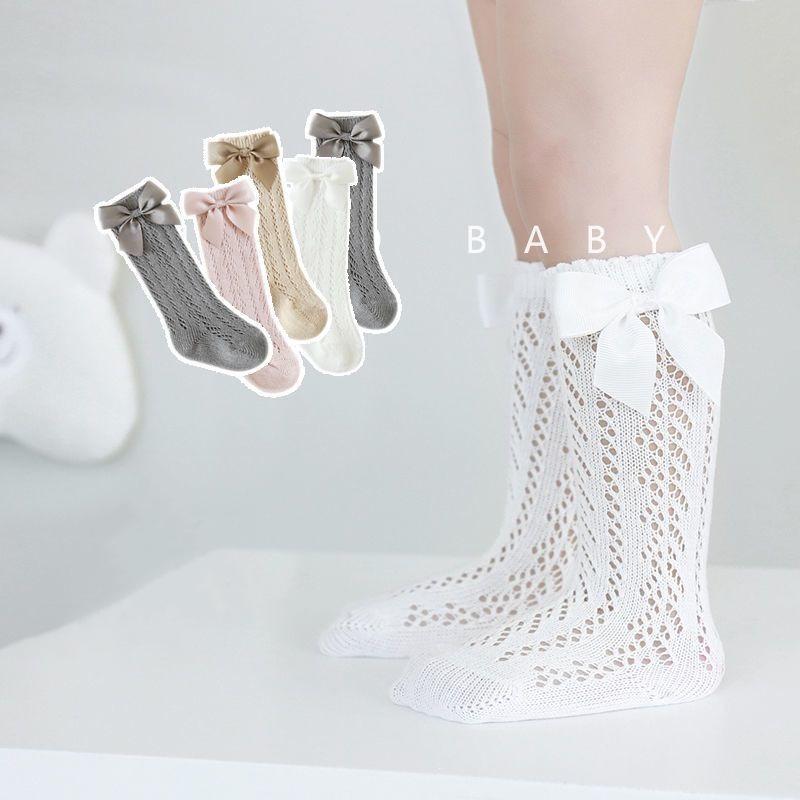 Newborn Baby Cotton High Tube Bow Mesh Socks - Summer Thin Design