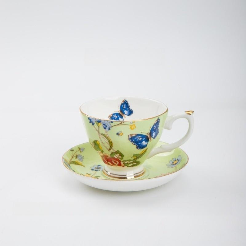 Luxury Gold Rim Bone China Tea Cup and Saucers, Elegant Floral Butterfly Coffee Mug Tableware Set, Bird on Branches Bone China Coffee Cup for Home
