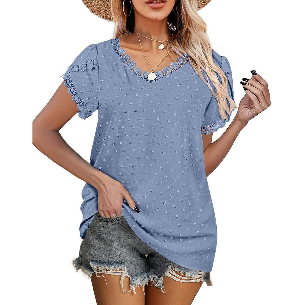 Ladies Casual Fashion Sexy Solid Color V-neck Pullover Comfortable Loose Short Sleeve Lace Sleeve Top