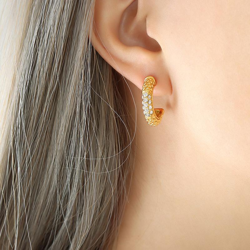 18K Gold Plated Zirconia C-shaped Earrings - European  American Design, Non-fading Titanium Steel Studs