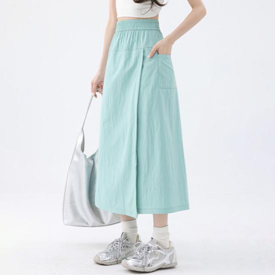 Women Cargo Pants Elastic High Waist Wide-Leg Skirt Pants with Pockets Solid Color Summer Thin Leisure Trousers