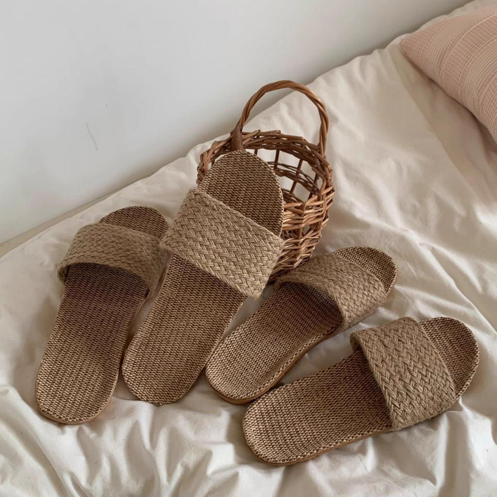 Summer Breathable Linen Indoor Sandals - Non-Slip, Sweat-Absorbing, Cotton Straw Slippers for Couples