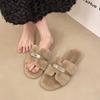 One-word metal decorative buckle flat bottom 2025 new fluffy slippers outer wear women's autumn and winter home warmth short plush cotton mop
