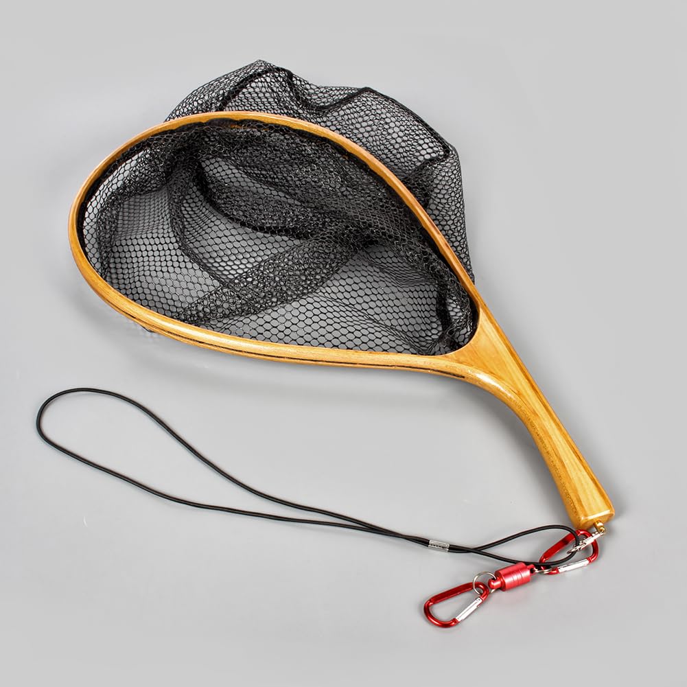 Yoomoo Fly Landing Net, Wooden and Rubber Net, Curved Pattern, for Mountain Stream Fishing, 3.5kg Neodymium Magnet (Crank, Handle, Large, White)
