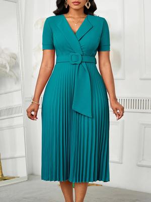 Elegant V-Neck Short Sleeve Pleated Dress - Plus Size, High Waist, African Style