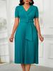 Elegant V-Neck Short Sleeve Pleated Dress - Plus Size, High Waist, African Style
