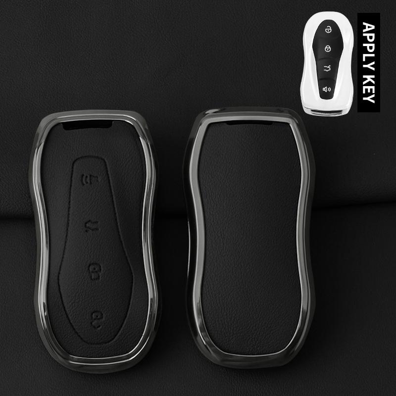 Metal Leather Car Key Case Cover For Geely Tugella  Boyue Atlas Pro Gili Tugella Protected Shell Keychain Fob Accessories