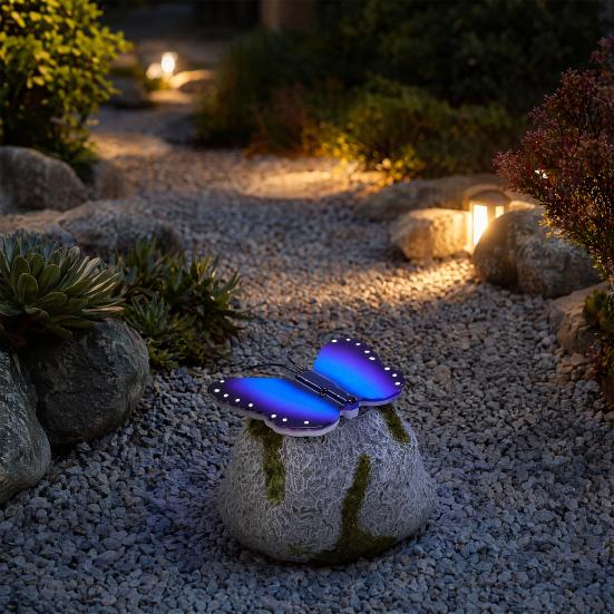Yousheng Solar Butterfly Stone Light, Resin Garden Decoration with Natural Stone Look, Soft LED Outdoor Lamp for Lawn Pathway
