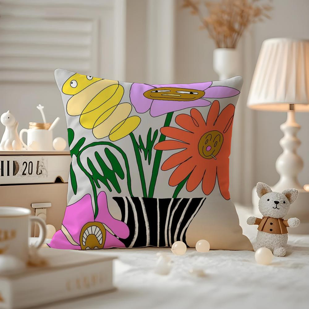 Cute Retro Illustration Cushion Cover Pattern Printed Pillowcase For Living Room Sofa Cushion Cover & Bedroom Decor