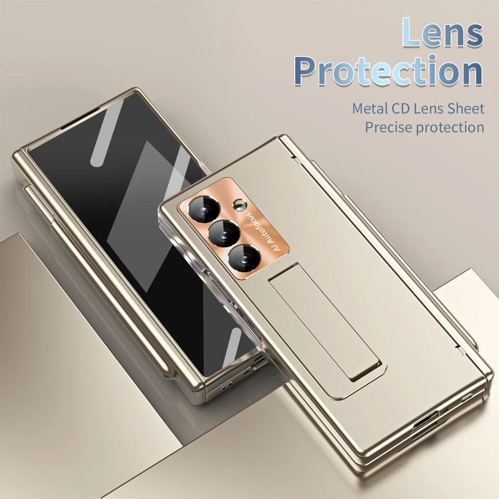 Luxury Phone Case with Pen for Samsung Galaxy Z Fold 4 5 6 7 Electroplated Glass Film Hinge Protection Cover
