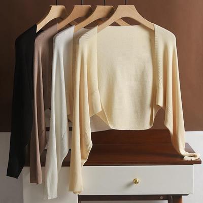 Kadın Keten Buz İpeği Örgü Uzun Kollu Hırka, Yazlık Kısa Yelek Etekli, Hafif Şal, Güneş Koruması