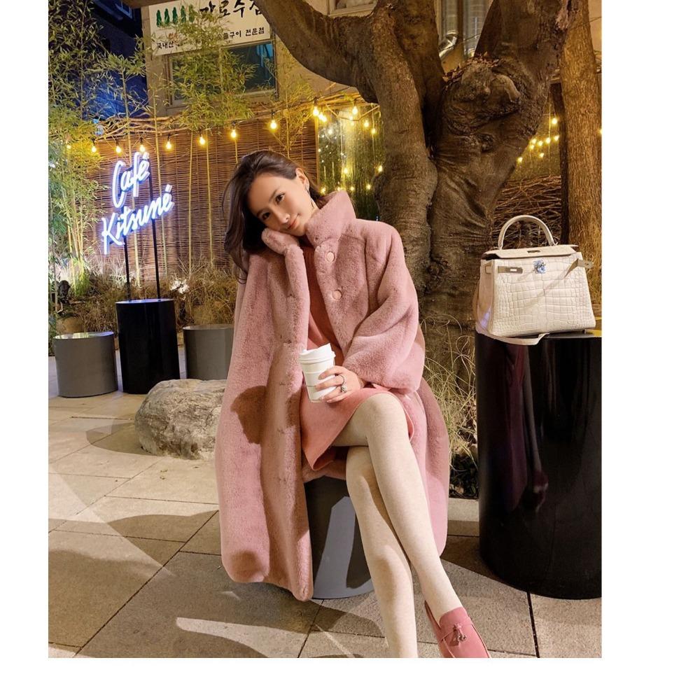 2025 Winter New Imitation Fur Mink Plush Long Coat Stand-up Collar Over Knee Thickened Loose Coat